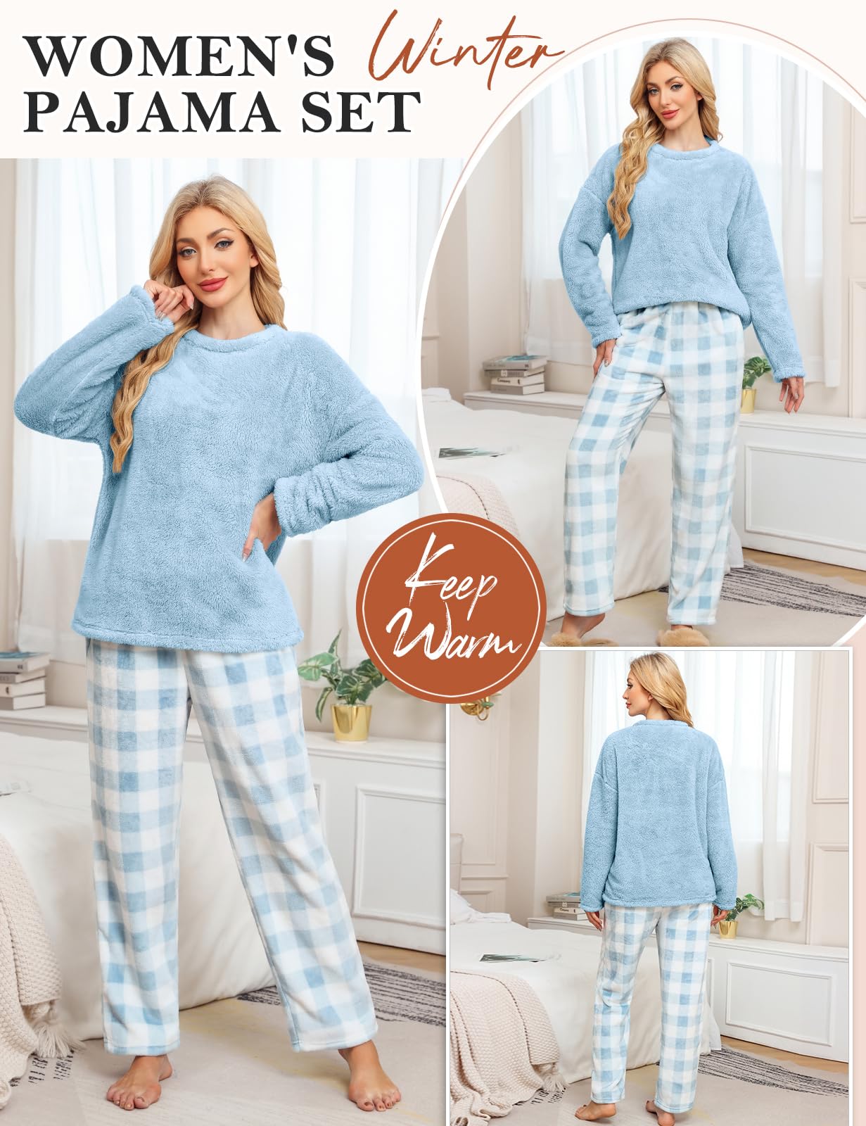 UMIPUBO Pijama Mujer Invierno Polar Manga Larga y Pantalón Largo con Bolsillo Franela 2 Piezas Conjunto de Pijama Calentito Cuadros Ropa de Dormir Suave Plaid Pijamas Navidad