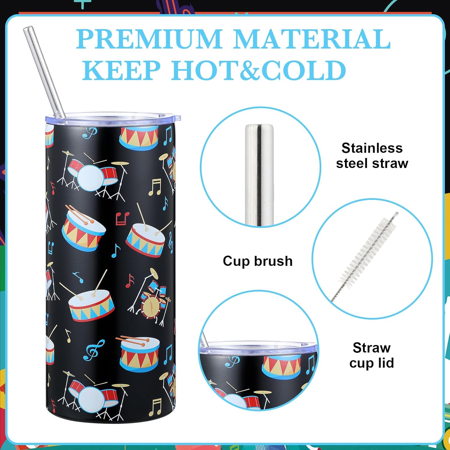 Vesici 7 Pcs Drummer Gifts Set Includes 16 oz Tumbler Socks Drumstick Pen Notebook Keychain Greeting Card and Gift Box Drummer Cool Gifts for Boyfriend Girlfriend Music Lovers