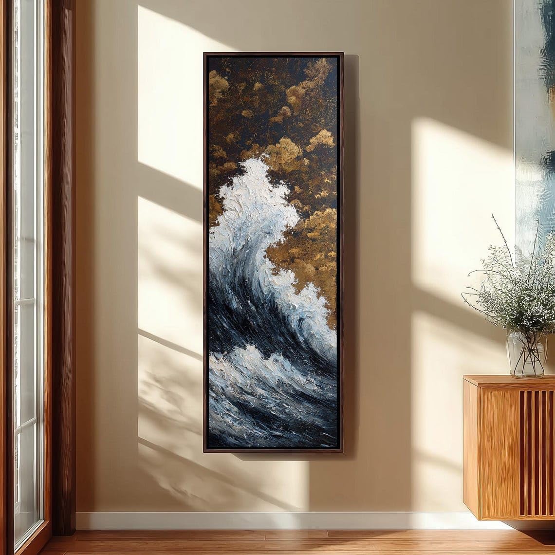 XBTYKPB Ocean Wave Wall Art, Tall Narrow Vertical Canvas Print, Stormy Seascape, Japandi Long Framed Artwork, Coastal Decor(40x120cm/Inner Frame)