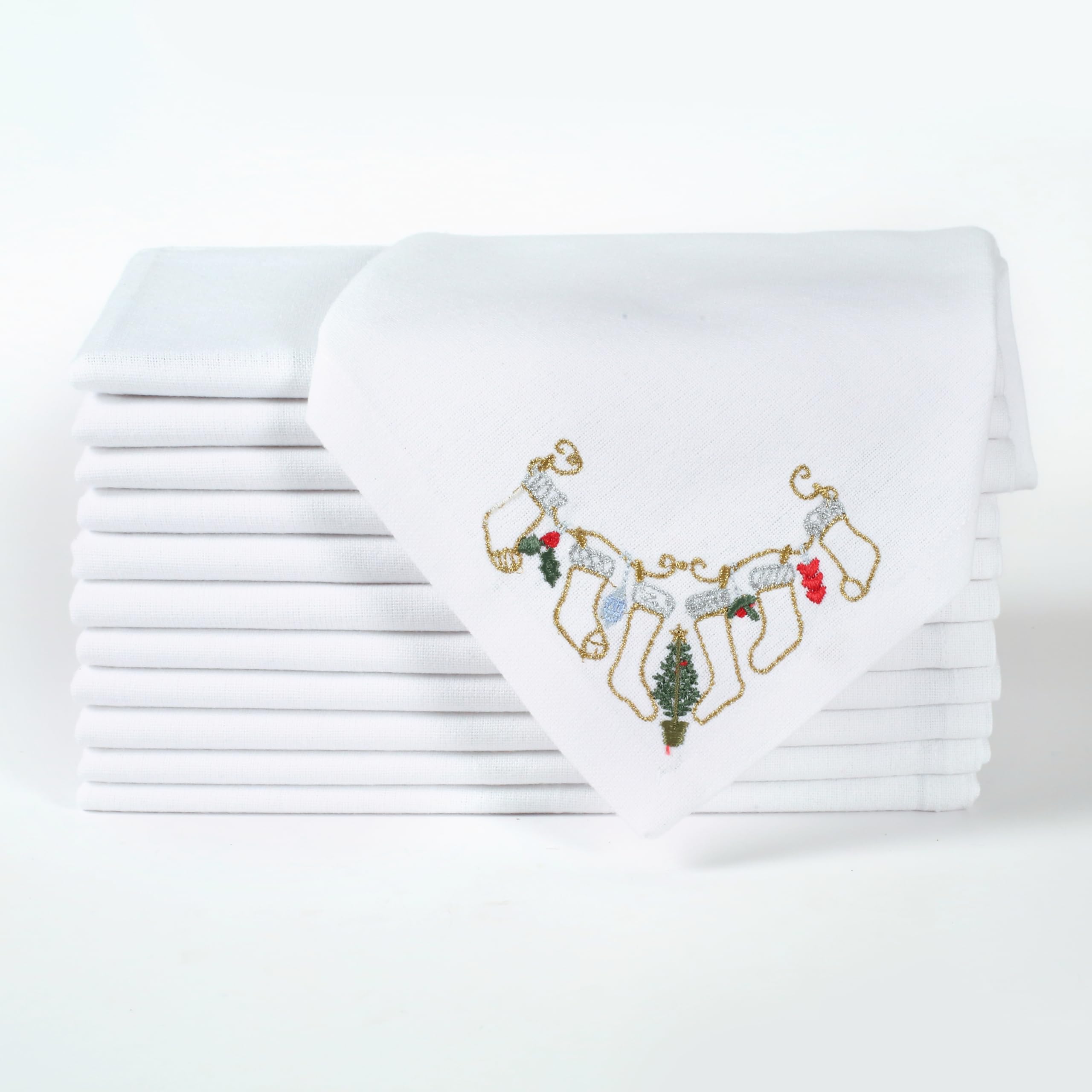 Comfy-co Christmas Napkins Set of 12 - Xmas Cloth Dinner Napkins 100% Cotton - Soft Durable Washable - Perfect Holiday Napkins 18x18 Embroidered - Christmas Stockings Cloth Dinner Napkins