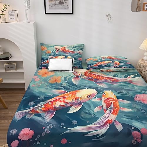 Vista 3 de Koi Fish Sábanas tamaño King – Sábanas japonesas de microfibra suave, bolsillo profundo, sábanas y fundas de almohada estampadas sin arrugas, 4