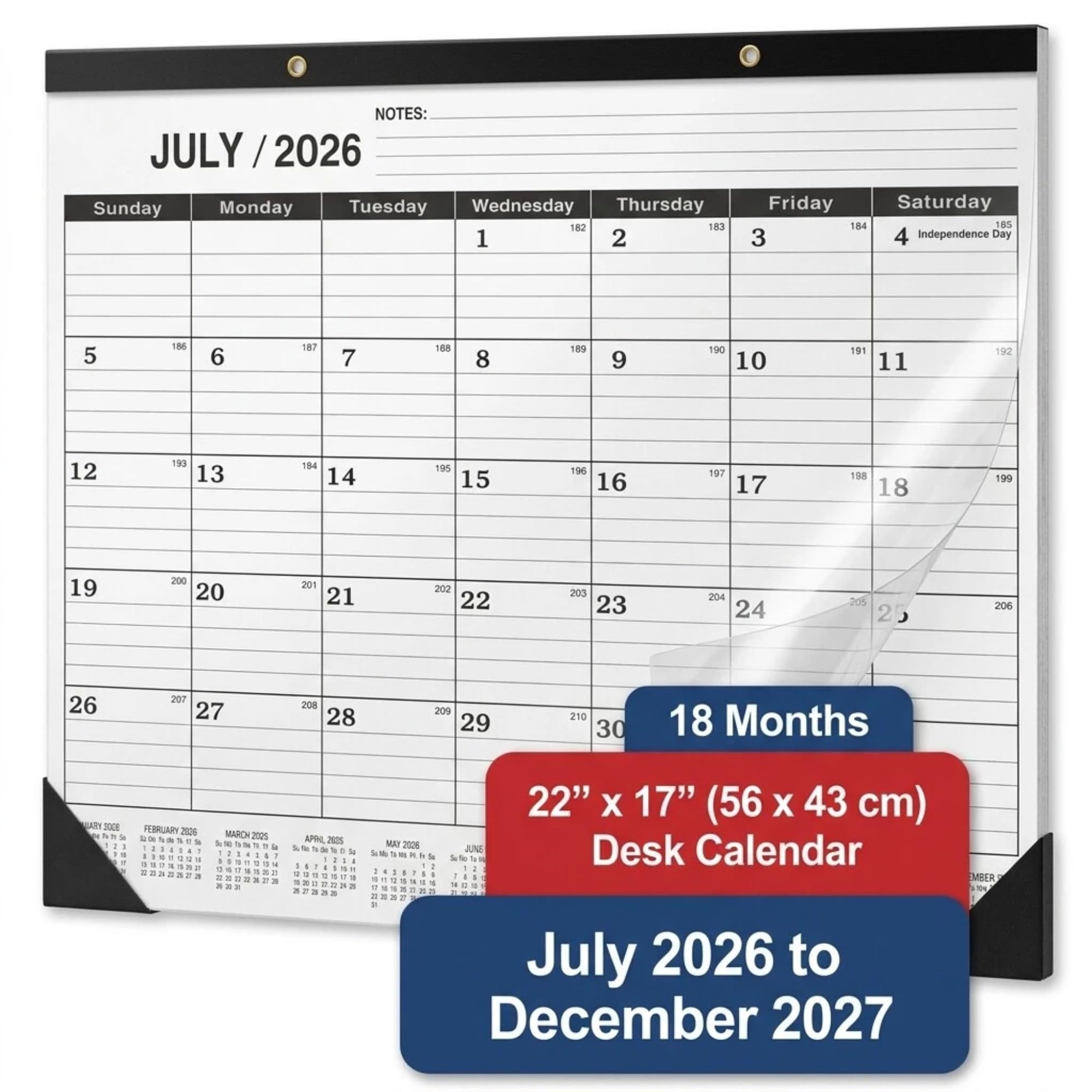 Calendario da scrivania 2026-2027, grande, 18 mesi, mensile, da luglio 2026 a dicembre 2027, calendario da 55,9 x 43,2 cm con carta spessa 120 g, fori dorati e sezione obiettivi per ufficio e uso
