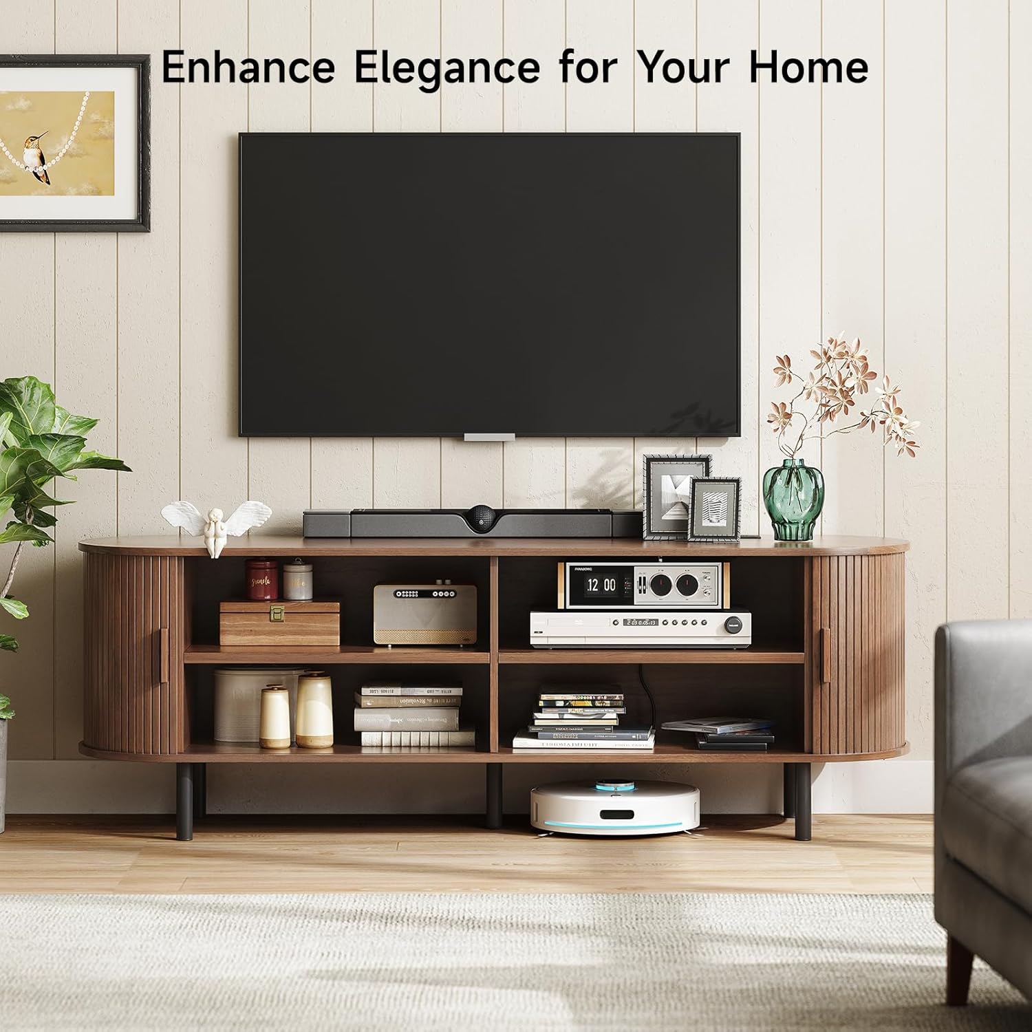 ONBRILL 63" TV Stand with Power Outlet for TVs up to 70 Inch, Entertainment Center with Storage and Adjustable Shelves, Modern Media Console with Sliding Doors for Living Room, Walnut - Image 3