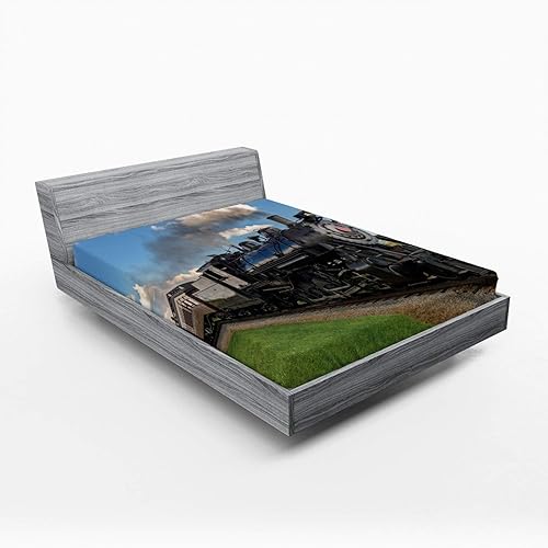 Ambesonne Sábana bajera ajustable con motor de vapor, locomotora vintage en paisaje rural, imagen de tren de soplo de hierba verde, ropa de cama de