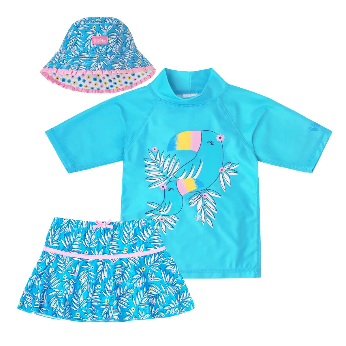 UV SKINZ UPF 50+ Girls 3-Piece Swim Set (7, Aqua Rainbow Toucan)
