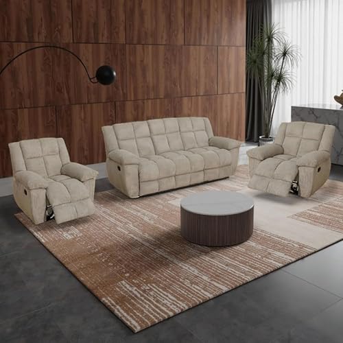 Juego de sofá reclinable manual de pana extragrande para sala de estar, juego de sofá de pana con mesa desplegable y portavasos para Beige