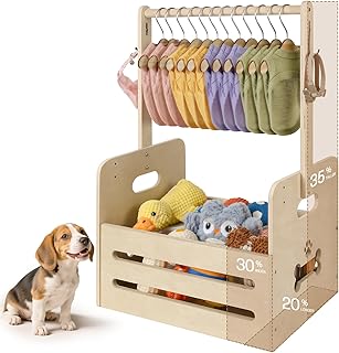 35L Wooden Dog Storage Organizer, Dog Toy Bin with Hanging Rods, 27
