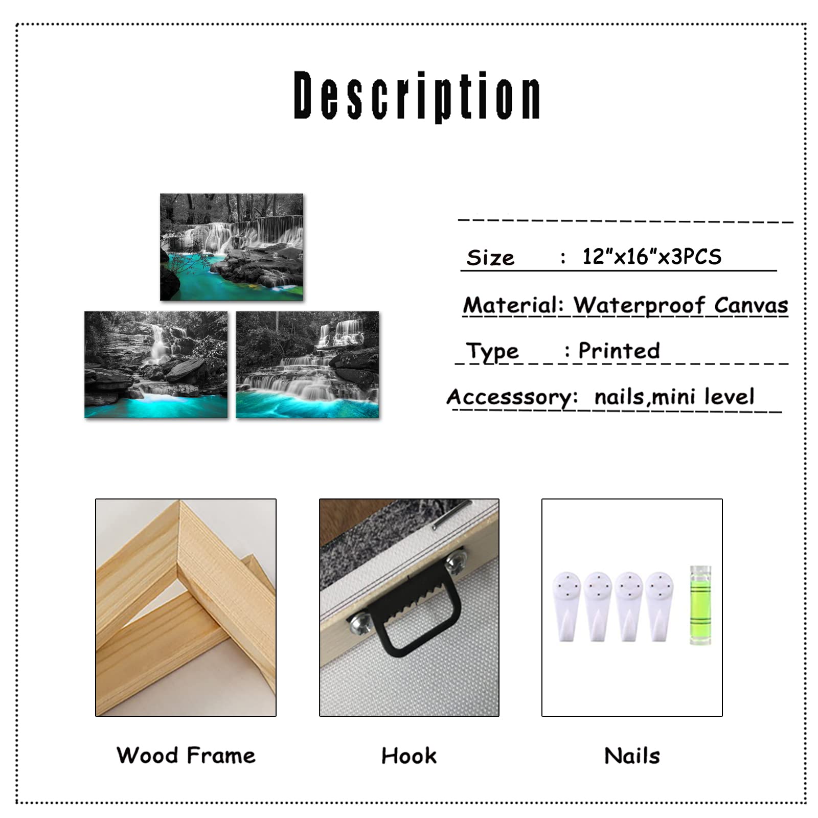 TiuAuiT Black and White Waterfall Canvas Wall Art Set of 3 Pieces Teal Landscape Modern Wall Decor Nature Scince Framed Picture for Bathroom Bedroom Kitchen Decoration Ready to Hang 12"x16"x3pcs
