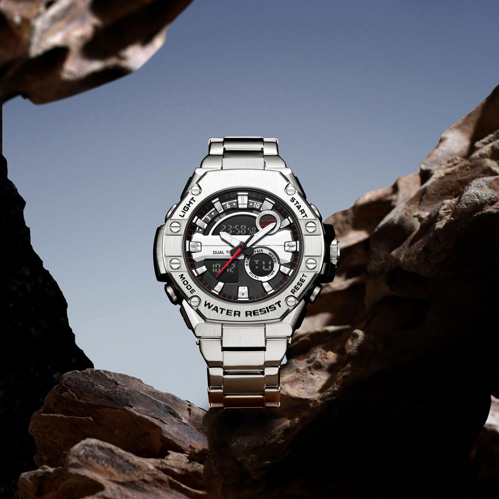Herrenuhr Silber Edelstahl Digital Uhr Chronograph Herren Armbanduhr Seniorenuhr 5 ATM Wasserdicht Großes Ziffernblatt Militär Leuchtende Klassisch Elegant Elektronisch Analog Quarz Watches for Men