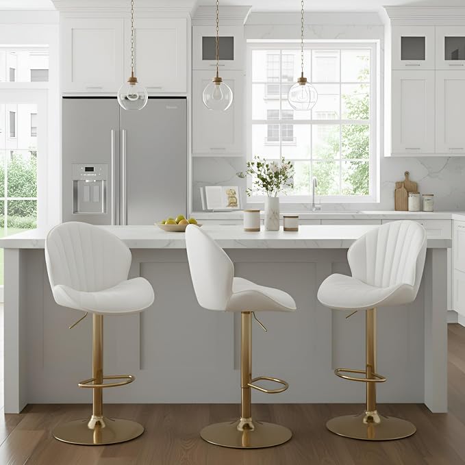 Butaco moderno ajustable con tapizado PU beige y base dorada miniatura 9