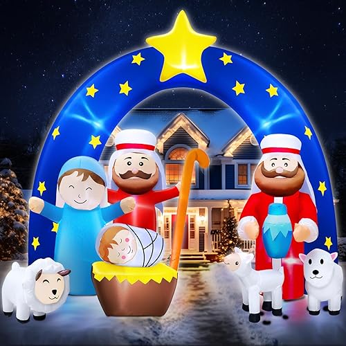 TURNMEON 7.3 pies inflables de Navidad al aire libre, juegos de belén para decoración de arco de escena, luz LED incorporada, escena del nacimiento