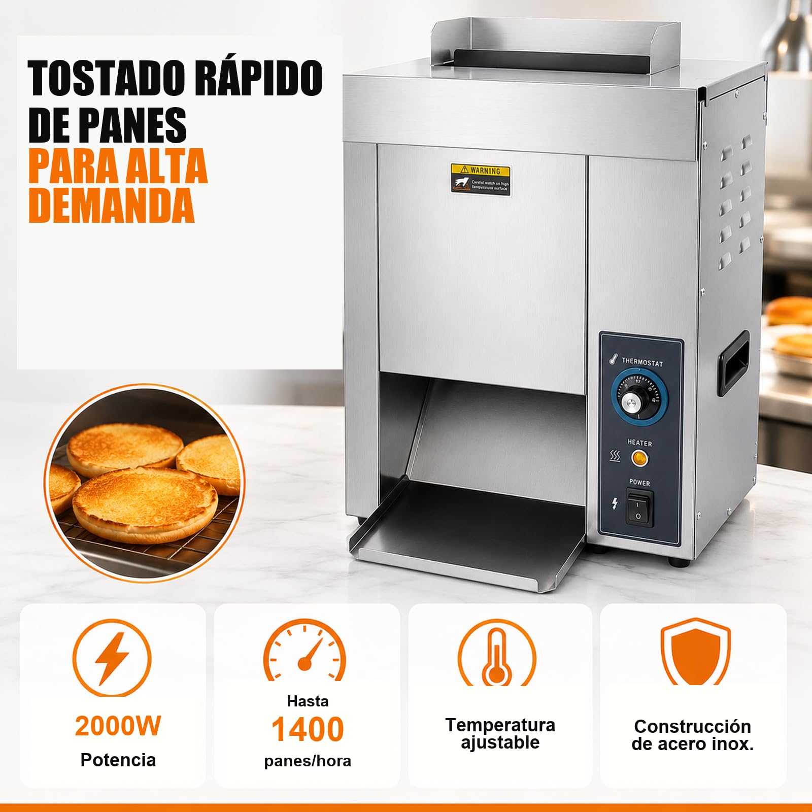 Tostador industrial vertical para pan de hamburguesa, 1400/h, 2000 W | Hasta 1.400 panes/h; 2.000 W; temperatura regulable; acero inoxidable; para hamburgueserías, restaurantes y food trucks.