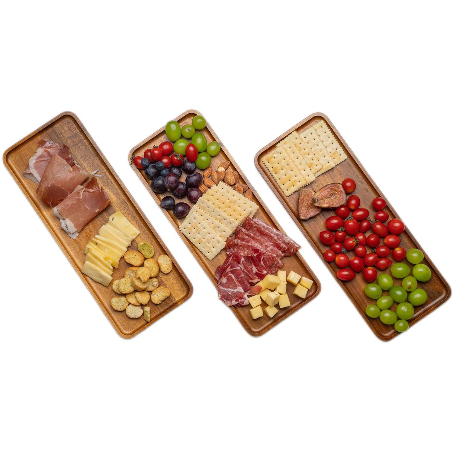 Bandeja decorativa de acacia, 36x14 cm, juego de 3 bandejas de madera decorativas, bandeja de madera, bandeja de madera resistente, plato de madera para aperitivos de la tarde