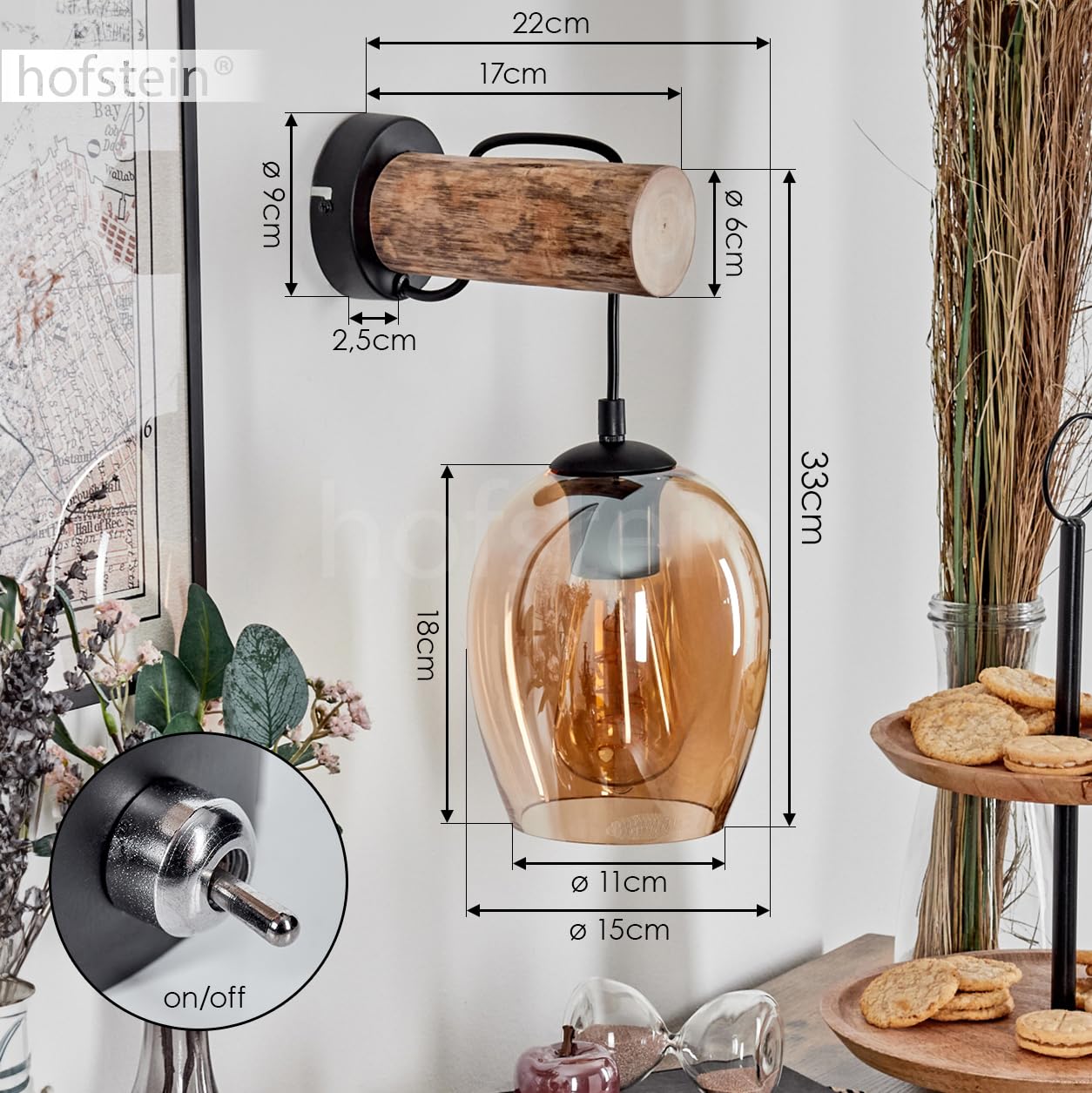 Wandleuchte Vevino, Wandlampe aus Metall/Holz/Glas in Schwarz/Natur/Bernstein, Leuchte im Retro/Vintage-Design mit Schirm aus Glas (Ø 15 cm) u. An/-Auschalter am Gehäuse, 1 x E27, ohne Leuchtmittel