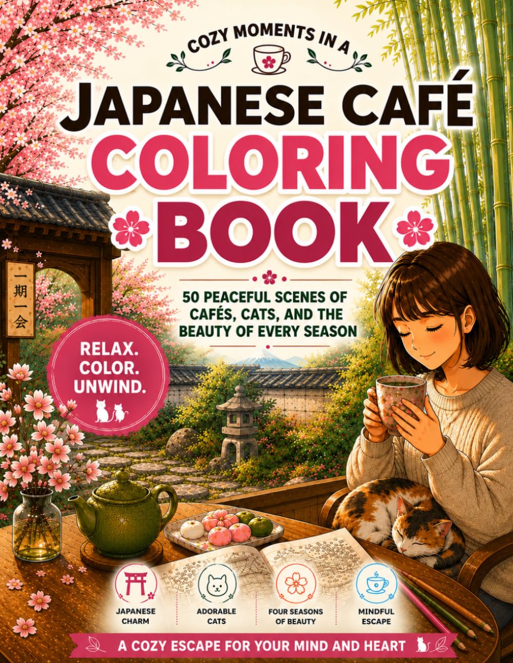 Japanese Café Coloring Book: 50 Cozy Scenes to Relax, Unwind, and Find Peace Through Japanese Cafés, Cats, and Every Season