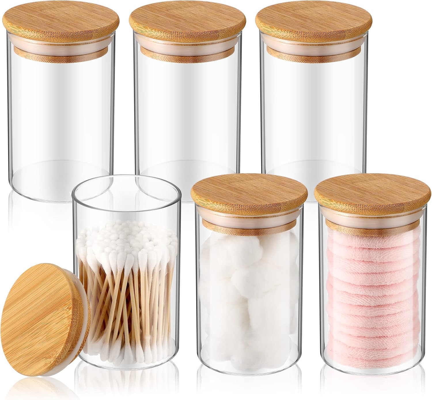 6 Pack Glass Apothecary Jars with Lids Bamboo Bathroom Accessories Cotton Balls Pads Swabs Holder Jar Bathroom Canisters for Vanity Accessories Storage