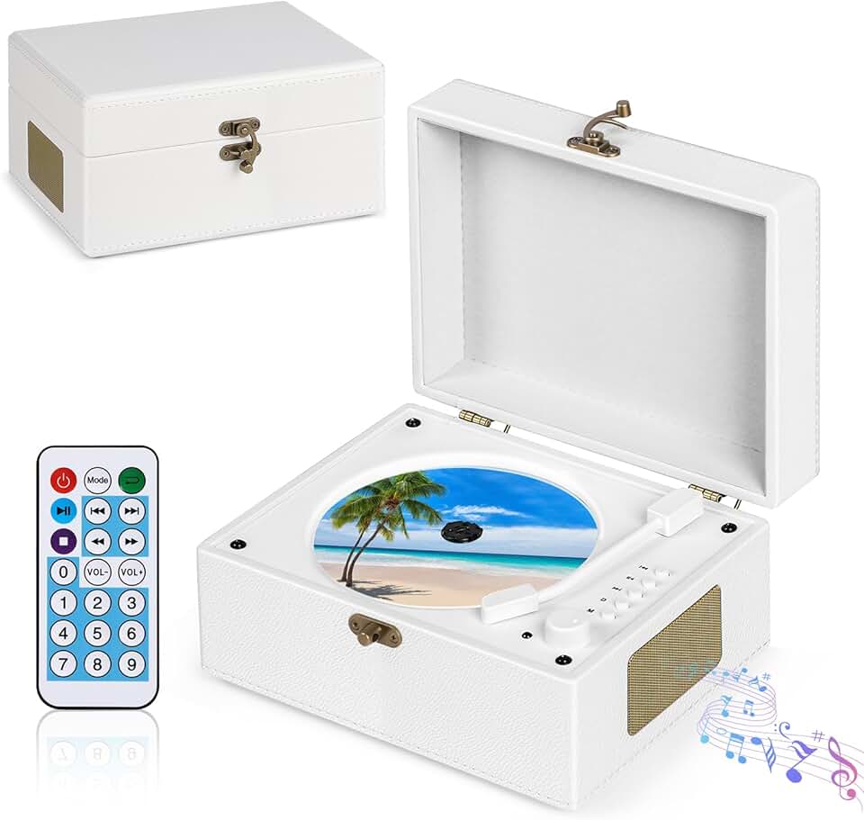 Leitor de CD portátil com Bluetooth 5.0, Tocador de CD de Alto-Falante Duplo HIFI, Toca-Discos Retrô com Controle Remoto, Player Portatil com Bateria Integrada, Leitor de Música de Mesa