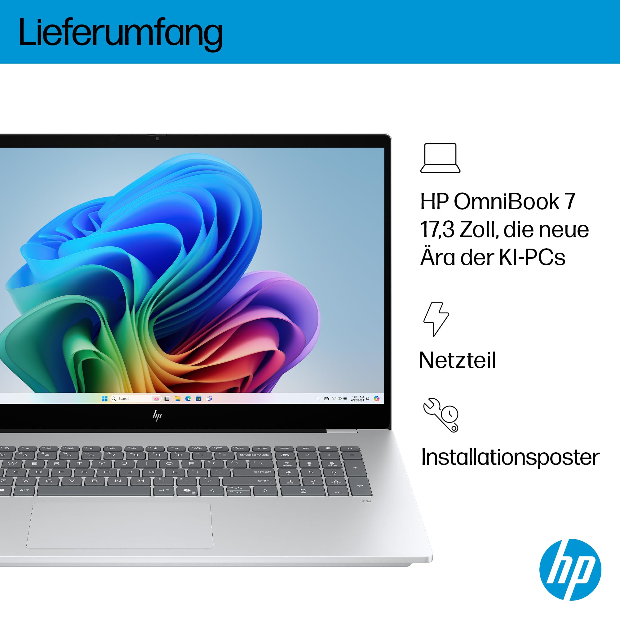 HP OmniBook X Flip 2-in-1 Laptop (17.3 Zoll FHD-Touchscreen, Intel Core Ultra 7, Copilot+, 16GB RAM, 1TB, Win11, QWERTZ) - Silber