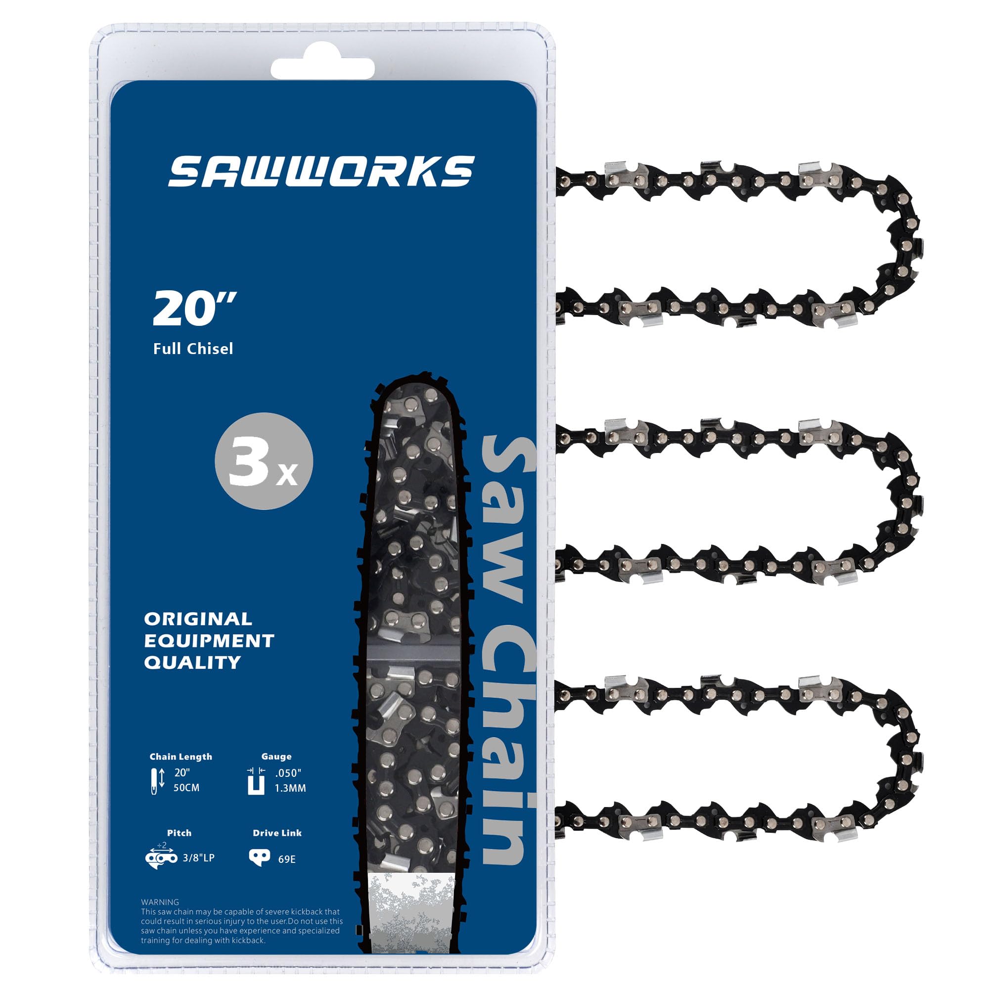 Photo 1 of SawWorks 20 Inch Chainsaw Chain, 3/8" Low Profile Pitch .050" Gauge 69 Drive Links Fits EGO AC2005, CS2000, CS2005 and More (3 Chains), Semi Chisel