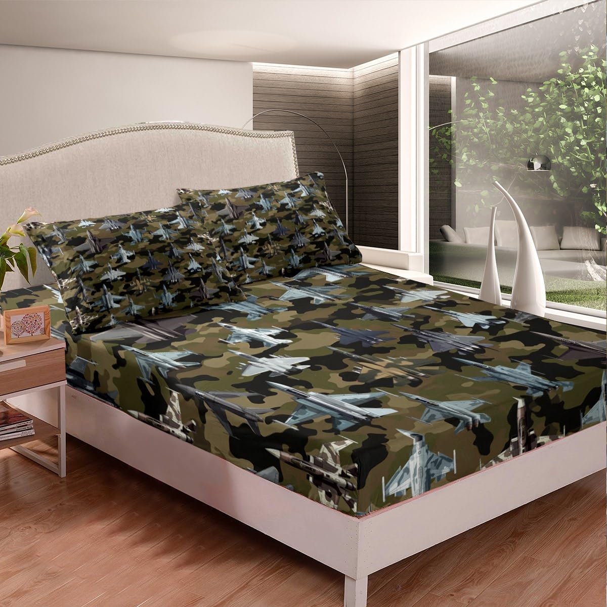 Erosebridal Fighter Aircraft Full Size Bed Sheets Set for Kids Boys Men, Camouflage Military Theme Sheet Set Camo Jet Fighter Print Sheets, Army Fighter Jet Airplane Flat Fitted Sheet