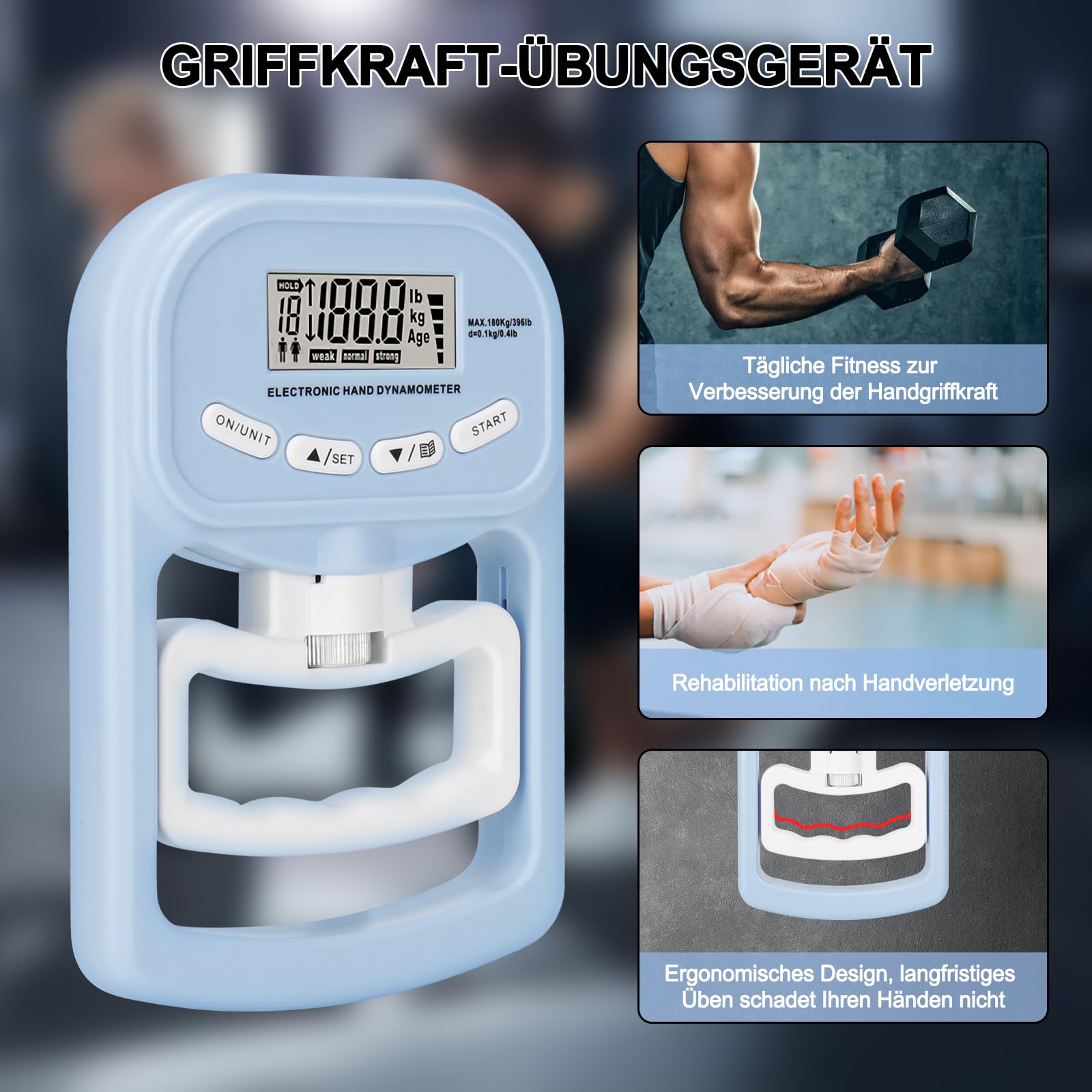 Griffkraft Messgerät, 396lbs /180kg Handkraftmessgerät, Digitales Hand Dynamometer, LED Bildschirm, Grip Strength Tester mit USB-Ladekabel