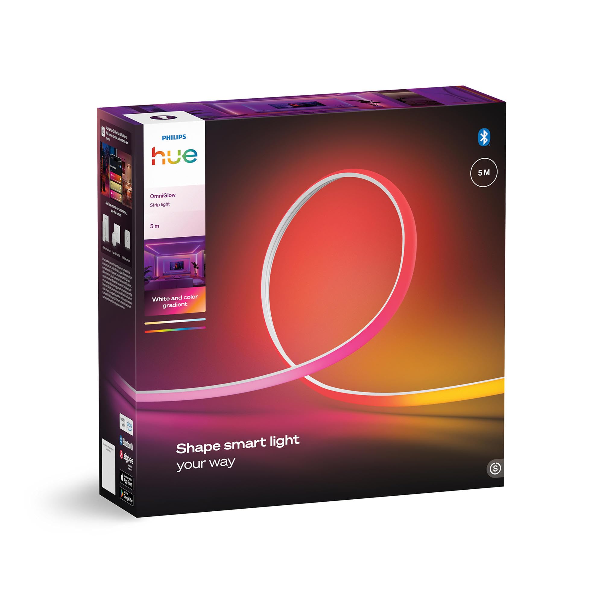 Philips Hue Bande LED OmniGlow Micro 5 mètres, 4500 lm, Ambiance et couleur vive, Ruban LED lumineux flexible et découpable pour intérieur, Contrôle via l'application et par commande vocale