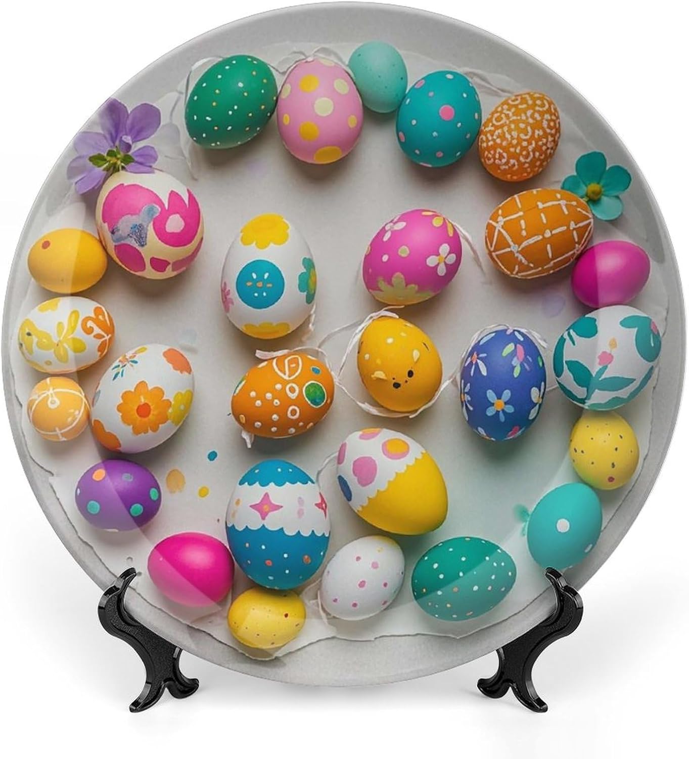 Easter Eggs Printed Bone China Decorative Plate with Display Stand Ceramic Wall Decor Plates Porcelain Dishes Dinner Plates Art Crafts Ceramic Ornaments 8inch