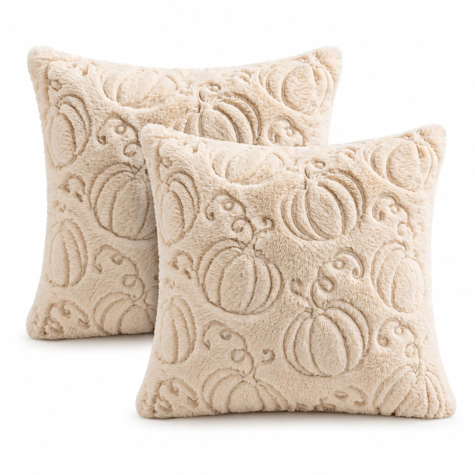 LOHDALOLF Autumn Pumpkin Cushion Covers 45 x 45 cm Pack of 2, Embroidered Faux Fur Cushion Cases for Sofa Living Room, Thanksgiving Farmhouse Decor, Beige