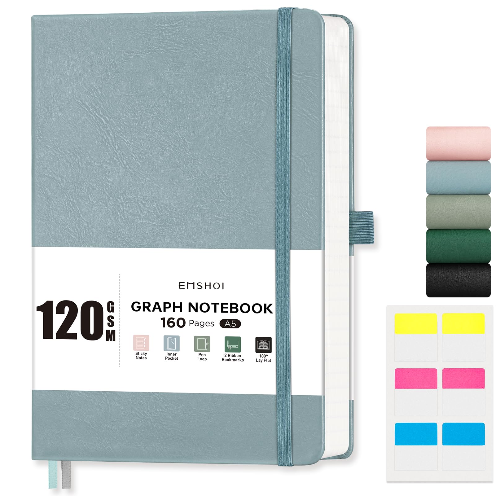 EMSHOI A5 Notebook Graph Paper, 120 GSM Hardcover Leather Squared Journal with Sticky Notes