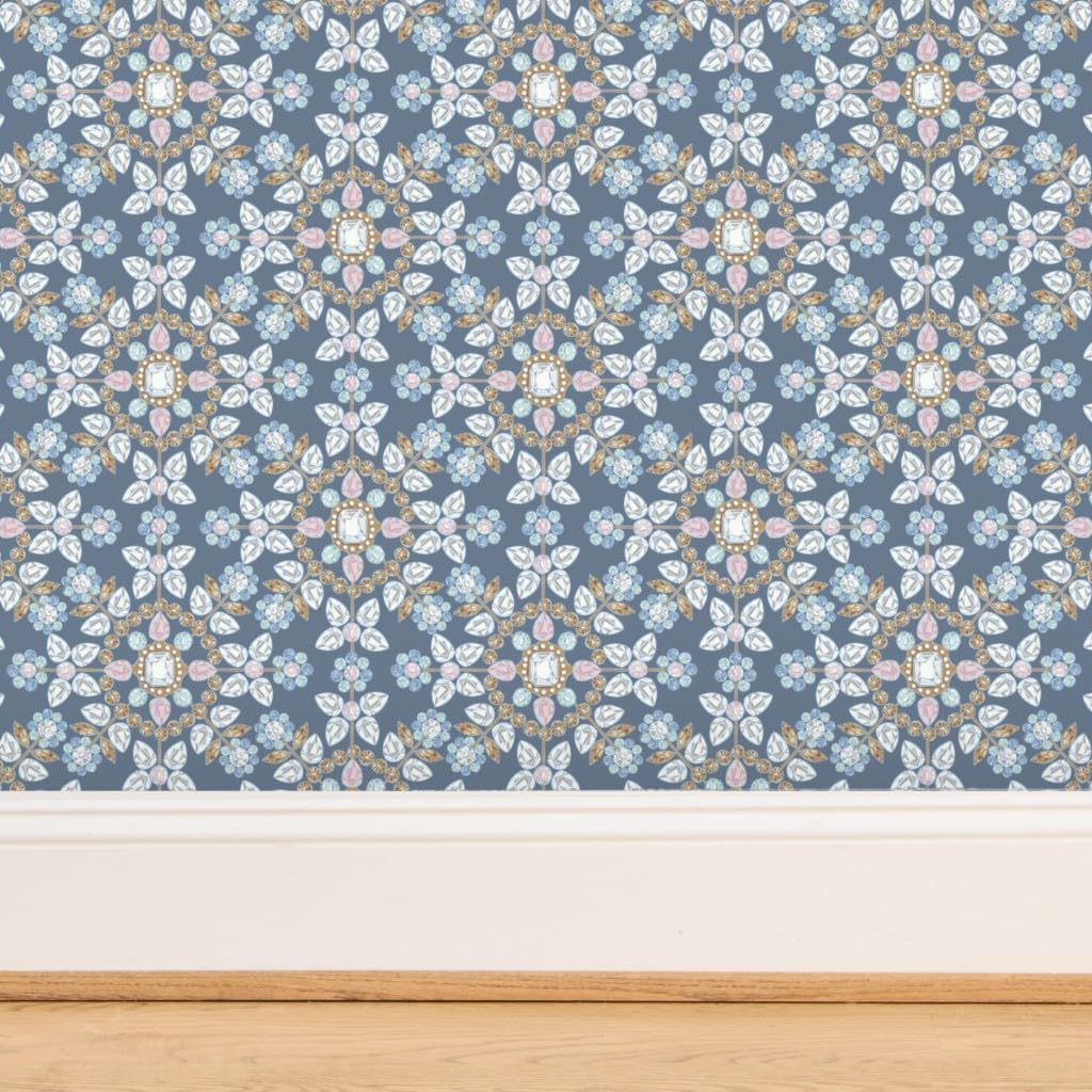 Spoonflower Commercial Grade Wallpaper 27ft x 2ft - Snowflake Blue Diamonds Winter Christmas Ornament Traditional Wallpaper