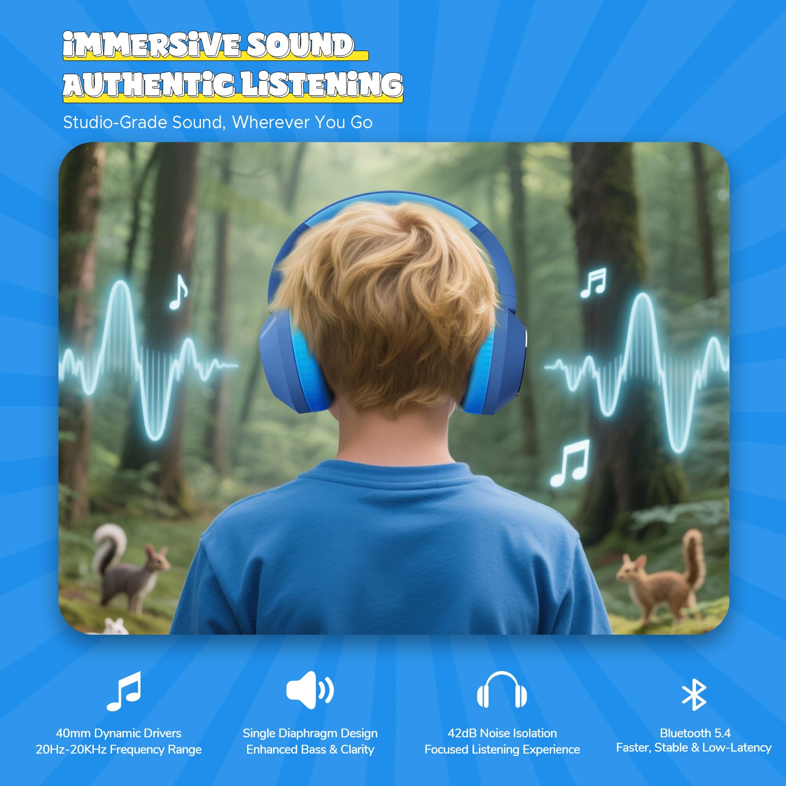 Steellumen Nova1Pro Kinder Kabellose Kopfhörer mit aktiver Geräuschunterdrückung, Bluetooth 5.4, 40H Spielzeit, Lautstärke begrenzt 75/85/94dB, Typ-C Schnellladung, Mikrofon, Faltbar für Schule/Reisen