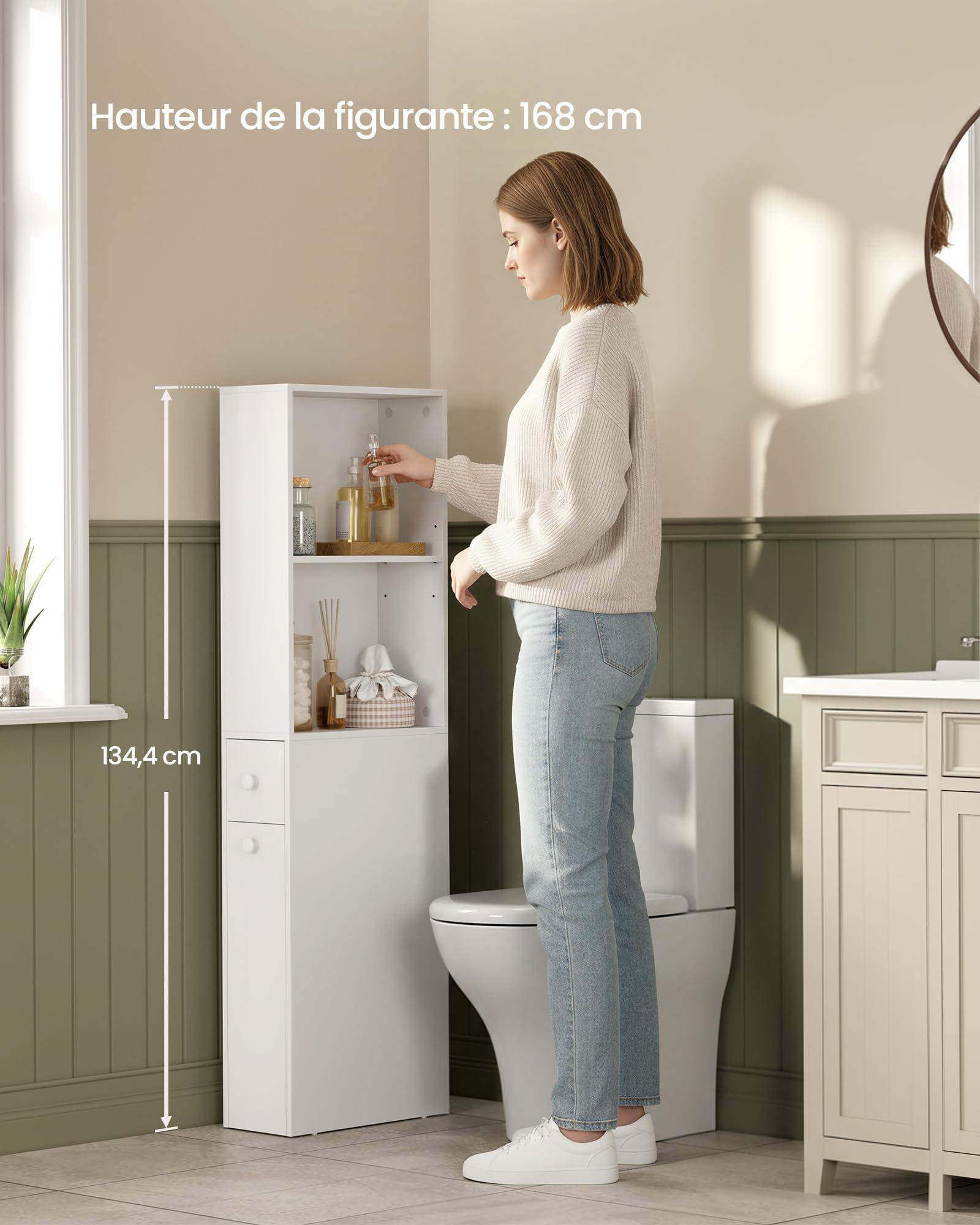 VASAGLE Meuble de Salle de Bain Haut, Colonne avec Tiroirs et Étagère Réglable, Armoire, Blanc Classique