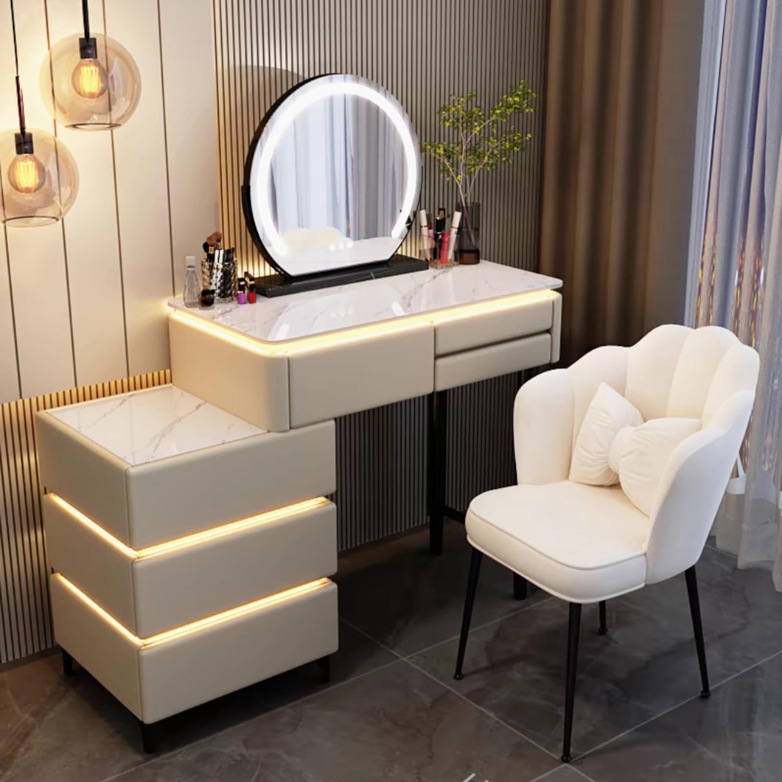 asdchZen Illuminated Makeup Vanity Mirror With Adjustable Brightness Compact 3-Mode Dressing Table With Shelves Stylish Khaki Makeup Desk For Bedroom & Dressing Room-100X40X76Cm,Khaki-100x40x76cm