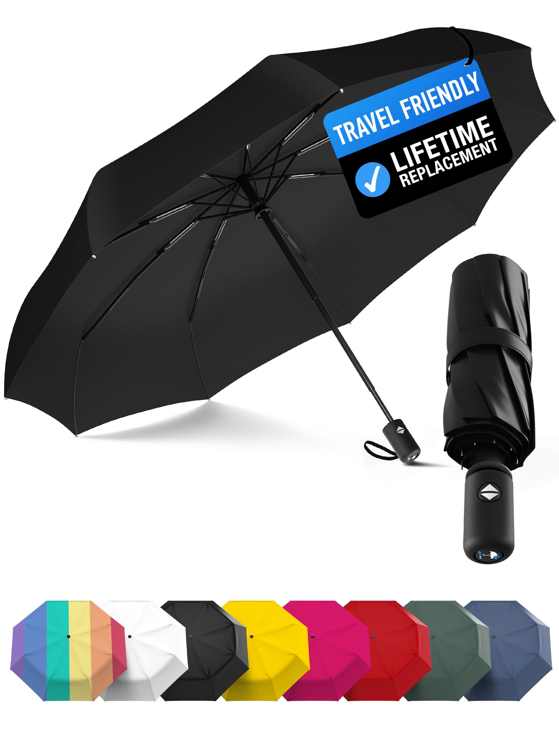 Windproof Compact Umbrellas for Rain - Strong Reinforced Fiberglass Rib Design & Auto Open & Close - Portable Folding Travel Umbrella - Lightweight & Packable for Women & Men, Easy Collapse
