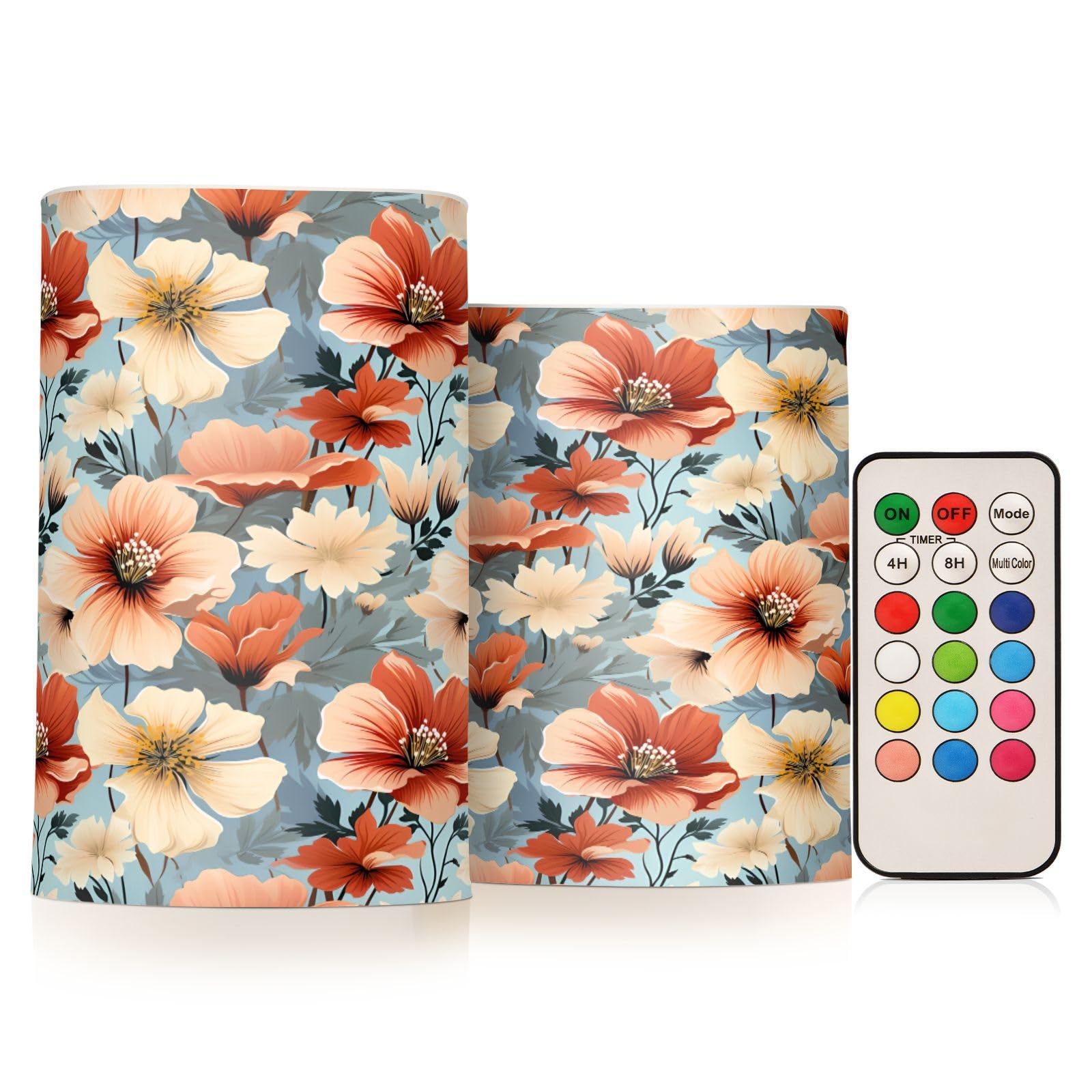 ALAZA Orange and White Floral Flickering Flameless Candles Battery Operated with Remote Timer,Tea Light Candles LED Pillar Votive Candles Set of 2 for Outdoor Indoor Decorations