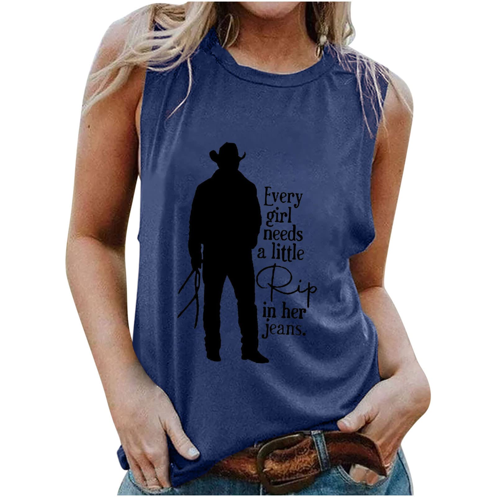 RKaixuni Every Girl Needs a Little Rip in Her Jeans Graphic Tee Shirts Women's Summer Sleeveless Tank Tops Sexy Casual Tunics Navy