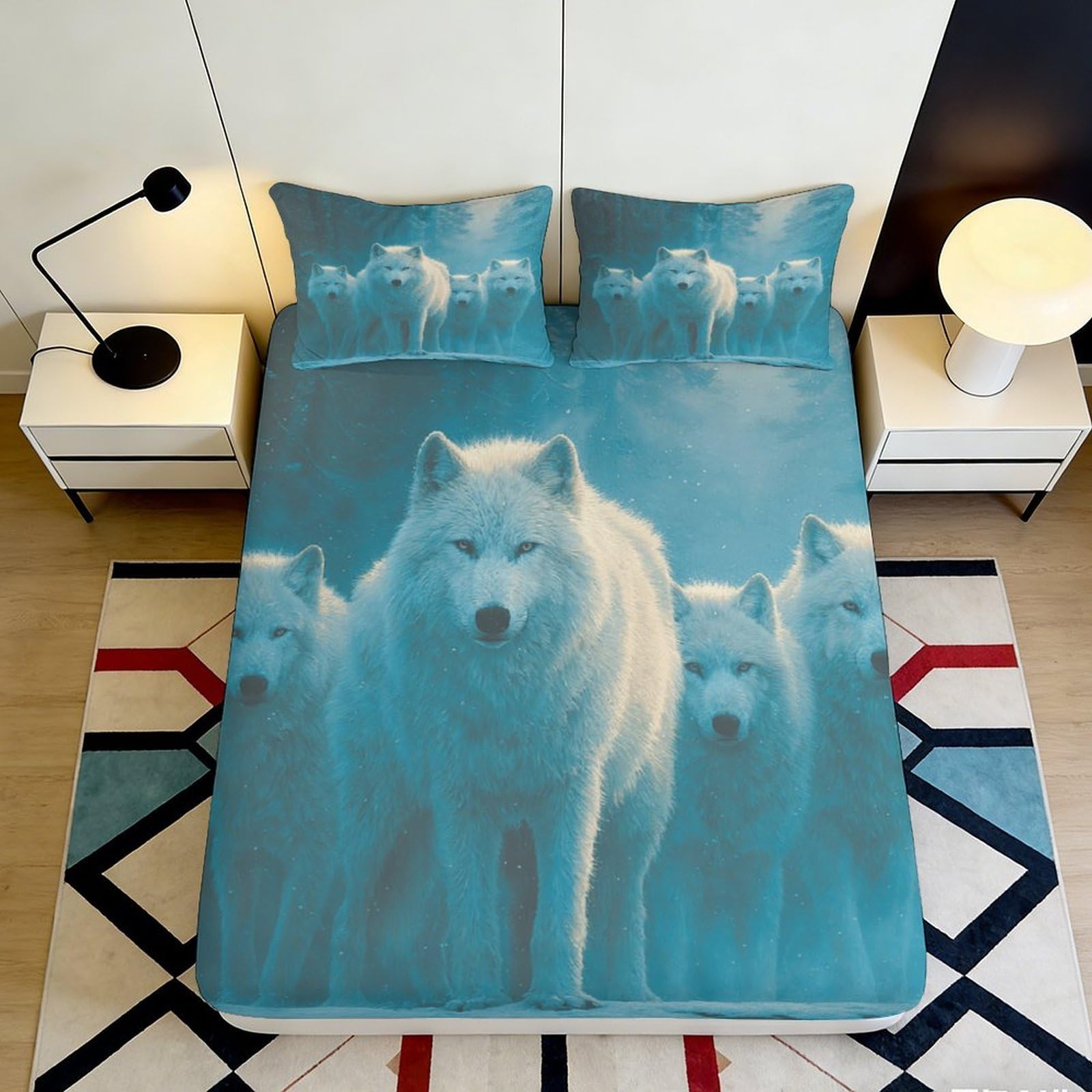 3D Printed White Wolf Fitted Sheet Microfiber Soft Breathable Pack of Wolves Bed Cover for Bedroom Dormitory Guest Room Mattress Protection Decor 120x200x25cm
