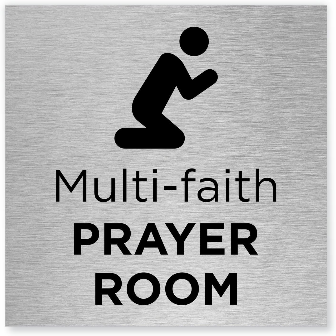 Multi-Faith Prayer Room Slimline Aluminium Sign – 150 x 150mm – 0.5mm Brushed Aluminium – Durable Printed Surface – Self-Adhesive Fixing for Interior Use