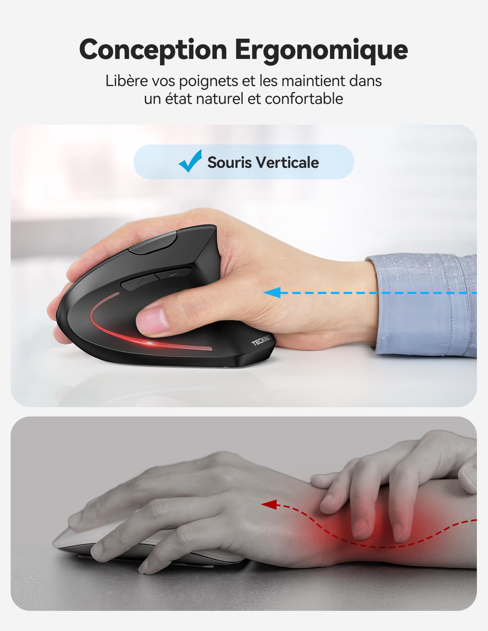 TECKNET Souris Ergonomique sans Fil Rechargeable, Souris Verticale Bluetooth 3 Modes (BT5.0/3.0+2.4G) 4800 DPI Réglable, 6 Boutons, Souris Silencieuse pour Ordinateurs, Portables, Mac, PC, Windows