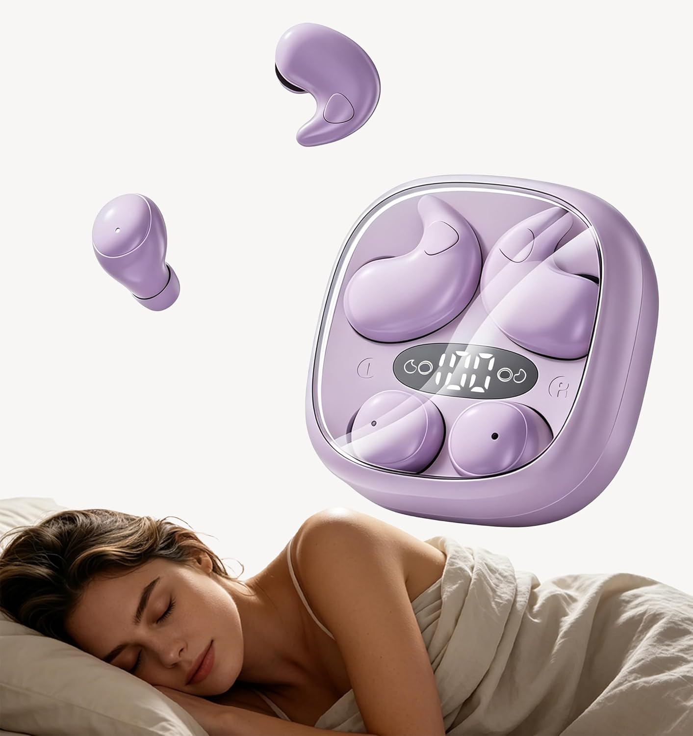 Sleep Earbuds for Side Sleepers, Mini Earbuds for Small Ear Canals, Bluetooth 5.4, 66H Battery, Noise Blocking, Waterproof, LED Display, Tiny Discreet Earbuds for Sleep, Work & Daily Use（White）