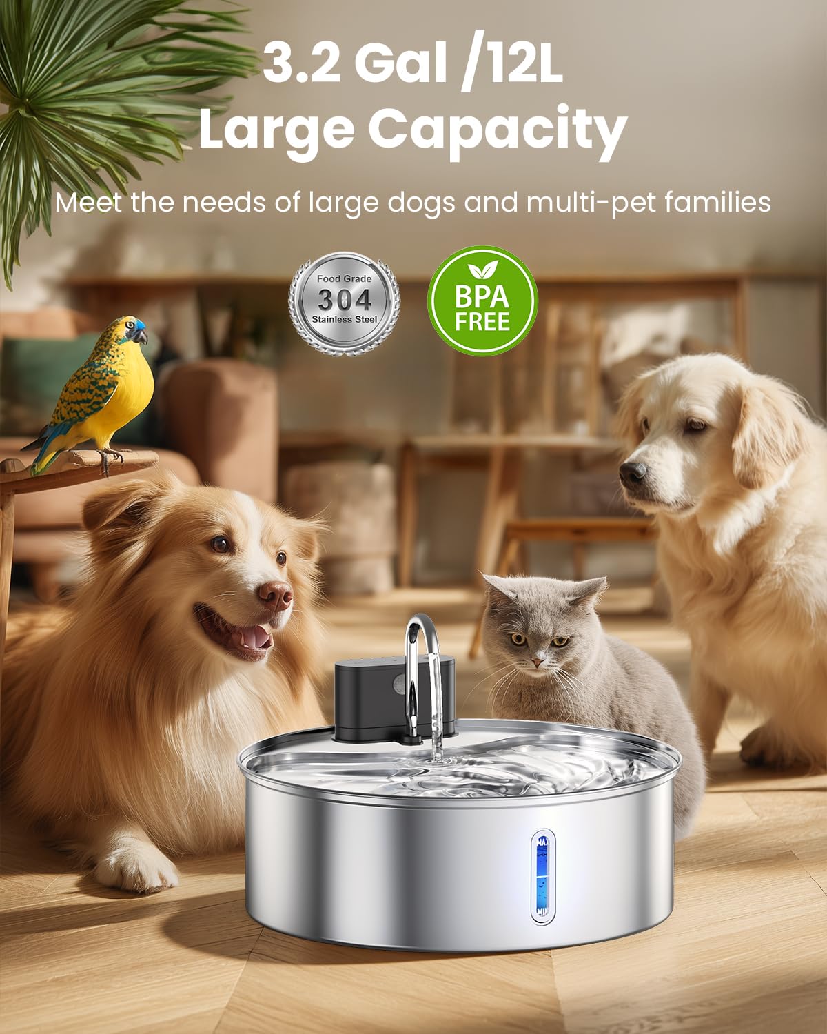 Fontana d'acqua wireless per cani, in acciaio inox, con sensore, 12 l, erogatore automatico senza fili, pompa silenziosa, senza BPA, per bere, facile da pulire per gatti, cani e animali domestici