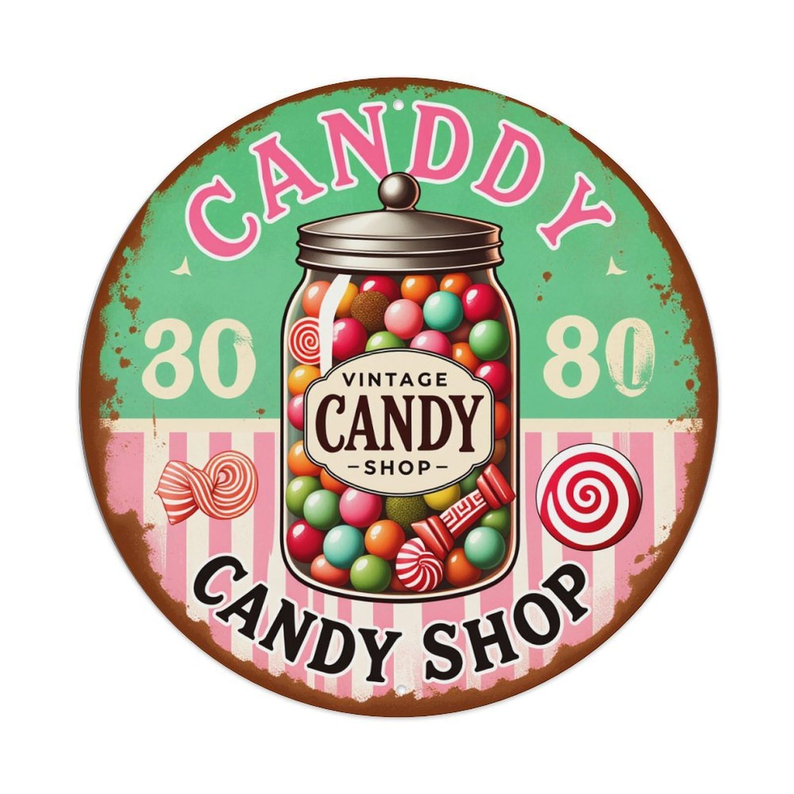 Candy Jar Vintage Stripes Lollipops Round Tin Sign Vintage Metal Poster Retro Bar, Home, Man Cave, Kitchen, Laundry Room Wall Art Decor Gift 8x8Inch