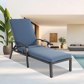 Chaise Lounge Chair Outdoor with Wheels | Cast Aluminum Tanning Chair with Navy/Blue Cushion, for Outside Beach Patio Pool Lawn with Adjustable Recliner, 1 Pack