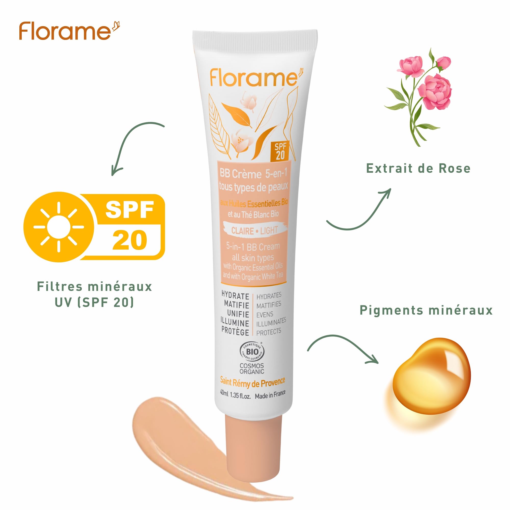 Florame BB Crème 5-en-1 SPF 20 – Teint Parfait Naturel – Hydrate, Unifie & Protège – 40 ml – Fabriquée en France - BB crème Claire
