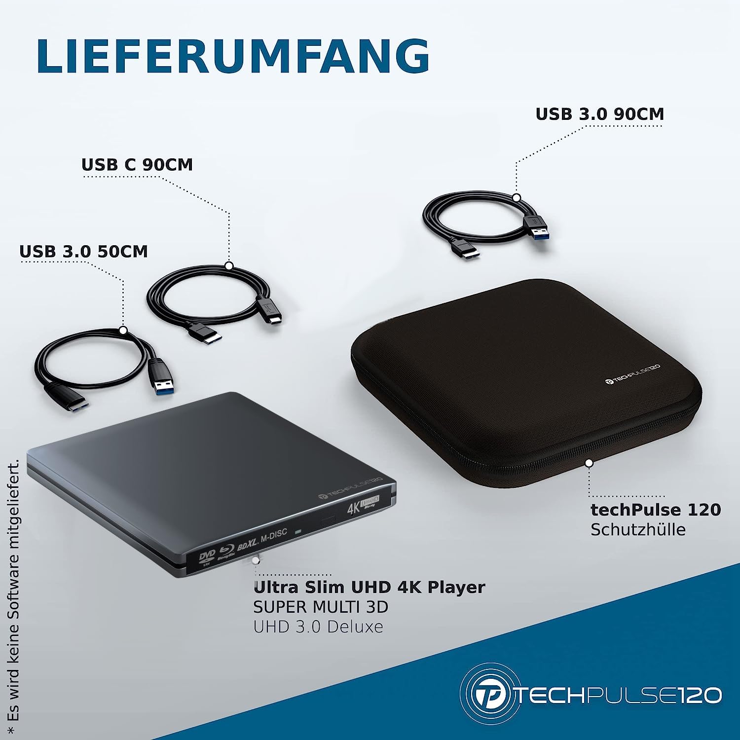 techPulse120 Grabadora de BLU-Ray USB 3.0, versión 3 Aluminium [Paquete de lujo UHD 4K] Gris aluminio / antracita