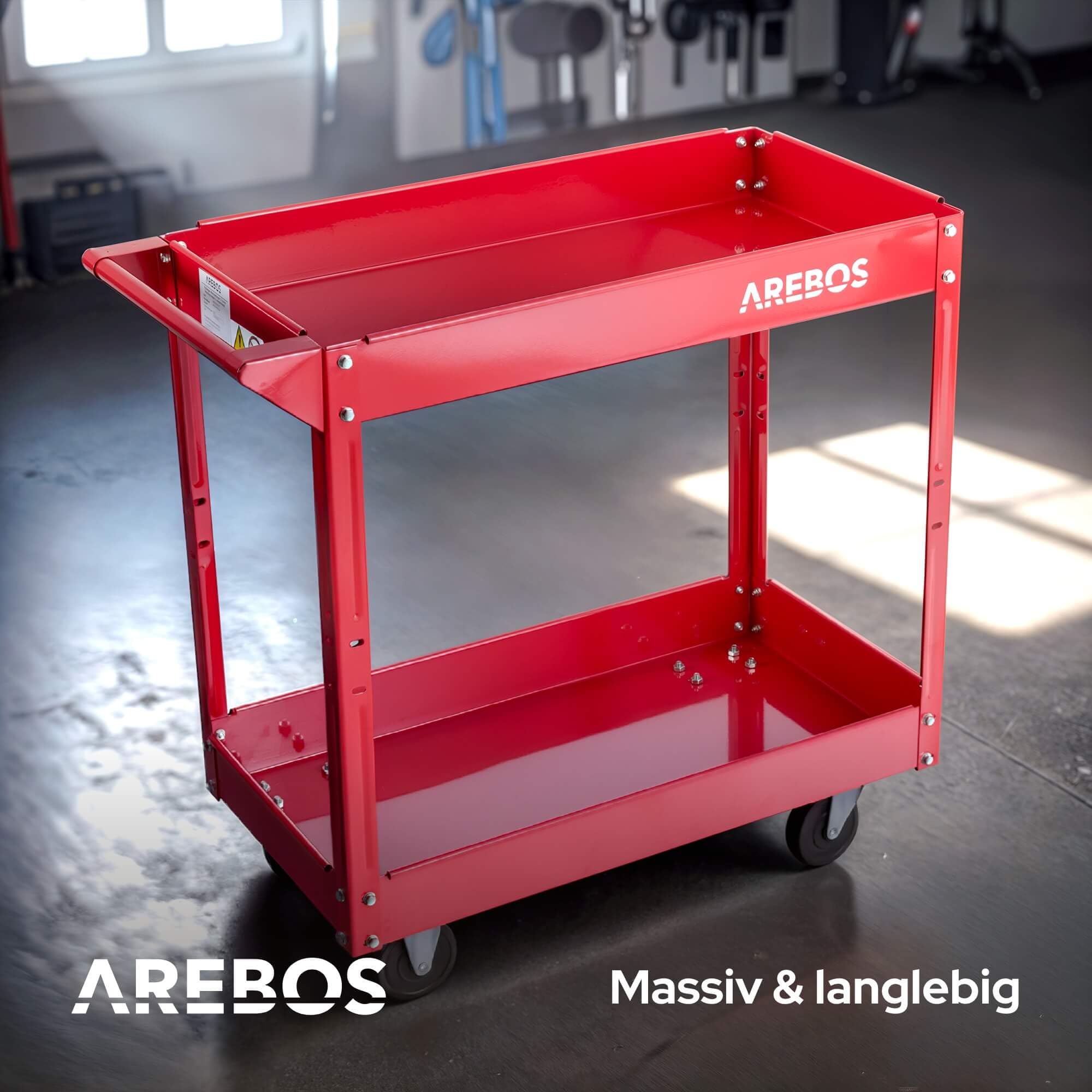 Arebos Werkstatt-Rollwagen | Montagewagen mit 2 Ablagefächern | bis 100 kg belastbar | robuster Werkzeugwagen aus Stahl | Mobile Transporthilfe | für Werkstatt, Garage & Hobbyraum | 2er Set