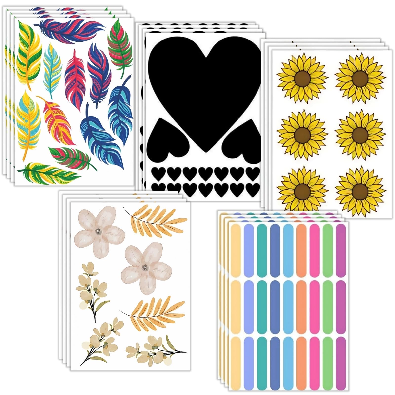 CVANU Colorful Feathers| Heart Shape| Colorful Floral & Boho Style Flowers Self-Adhesive Vinyl Durable Wall Art Sticker (20-A4 Sheets) for Living Room| Office| Home Wall Decor Item (11.7inX8.3in)_887