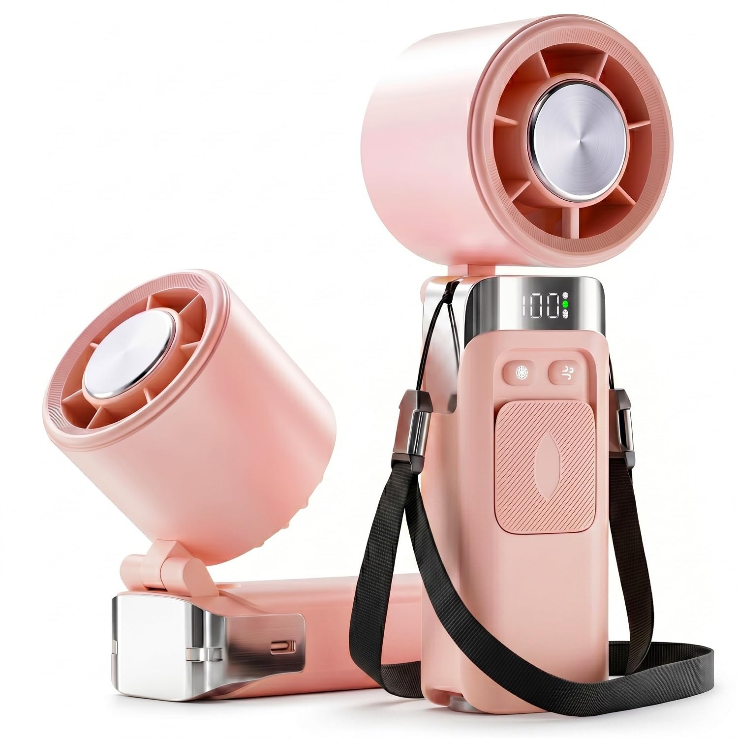 Ventox Rechargeable Handheld Fan, Pink, 3600mAh Battery Up to 12H Cooling Mini Portable Fan with Lanyard, Digital Display, C Type USB Hand Held Fans 100 Speeds, 135° Adjustable Angle Airflow