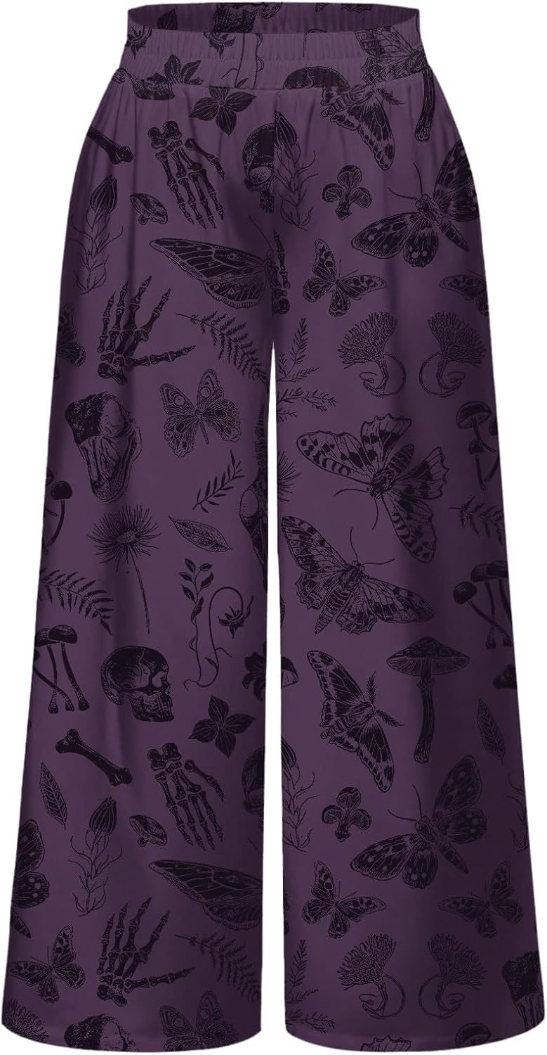 RoseSeek Women's Plus Size Y2K Goth Pants Wide Leg Elastic Waist Long Trousers Grunge Streetwear