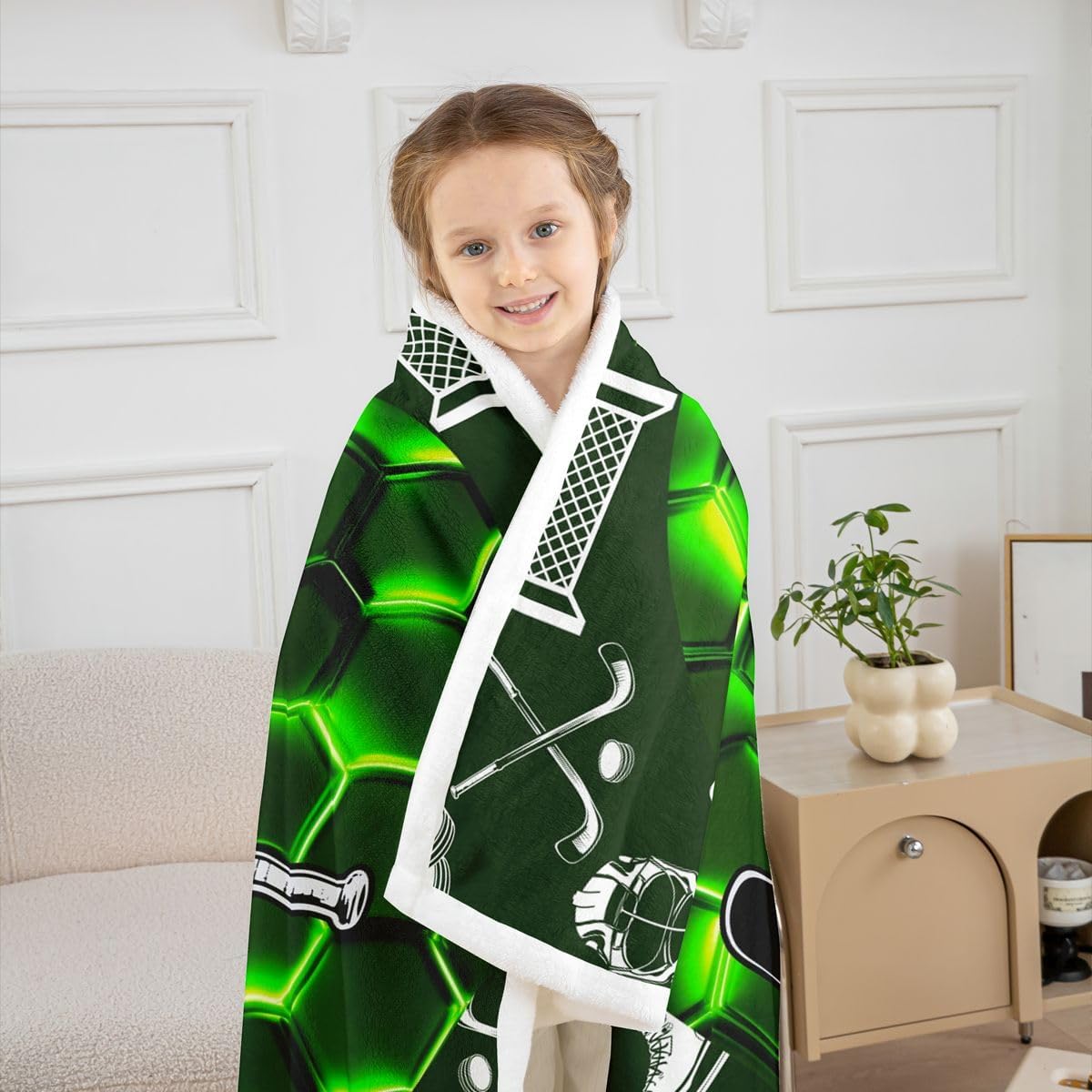 Boys' Neon Throw - 50"X60" Sports Ice Hockey Fleece Bed Blanket for Teen Men Kids - Geometric Honeycomb Sherpa Winter Hockey Fuzzy Blanket